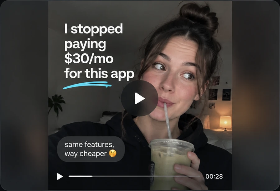 Creator talking-head UGC video with overlay text: I stopped paying $30/mo for this app